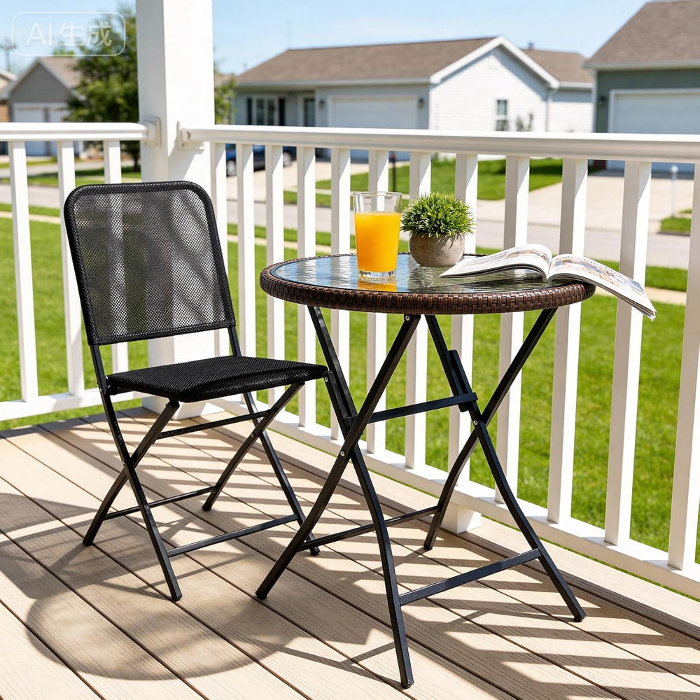VINGLI 23.6in Modern Brown Rattan Folding Glass Outdoor Side Table, Small Pat...