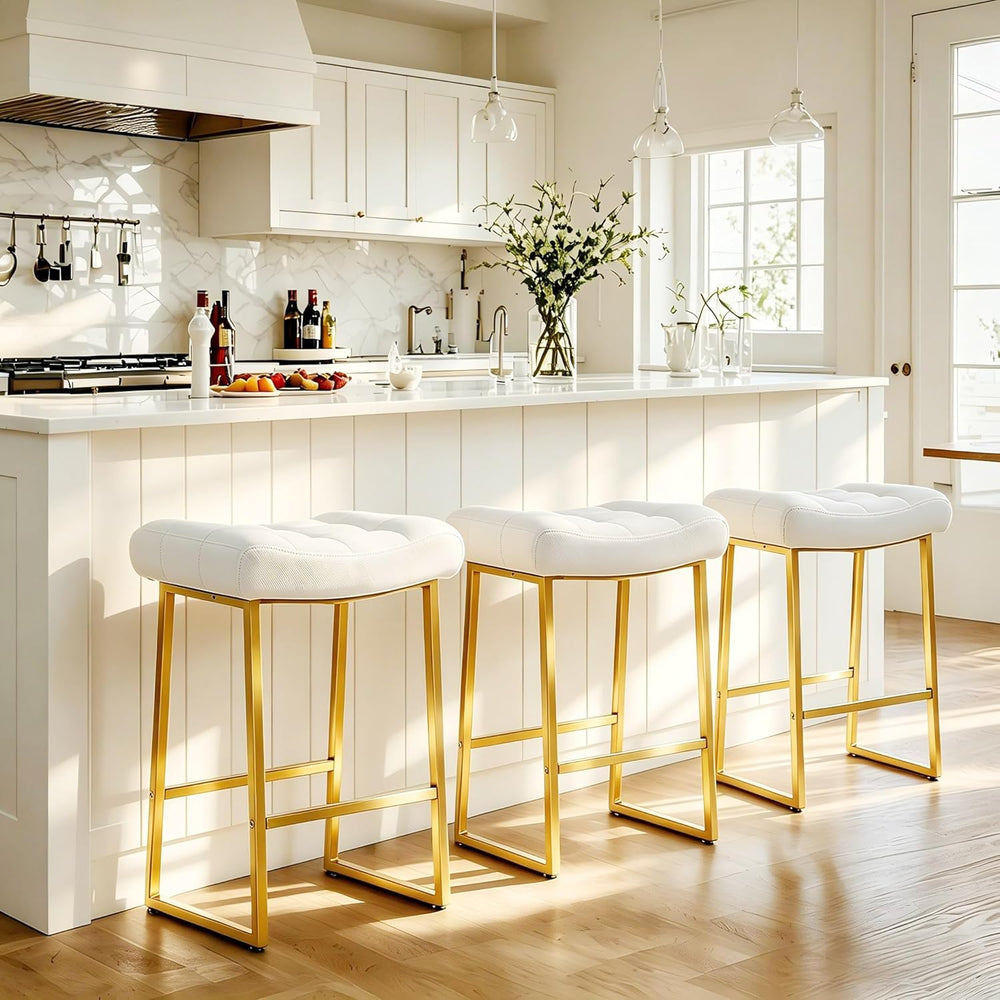 RNKSFX White & Gold Counter Height Bar Stools Set of 3 for Kitchen Counte...