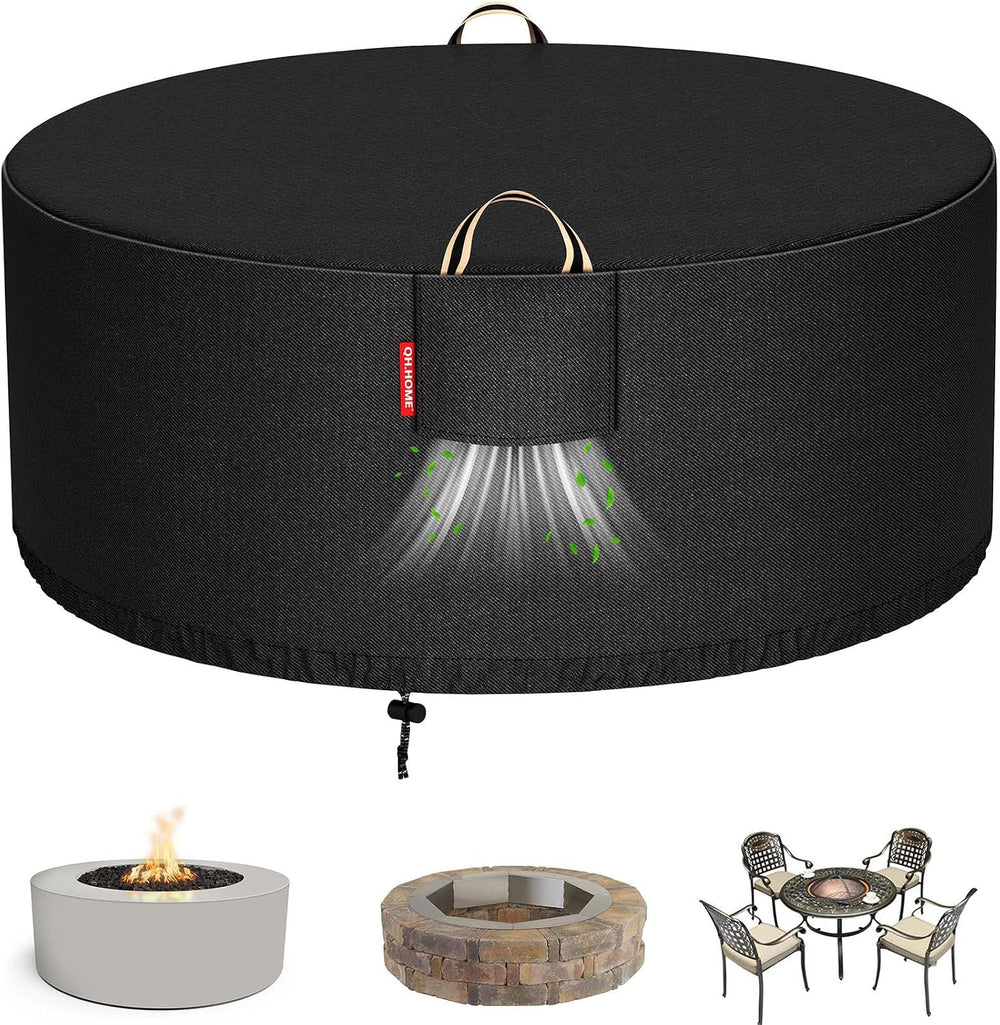 QH.HOME Fire Pit Cover Round 60", 900D Heavy Duty Fabric 100% Waterproof