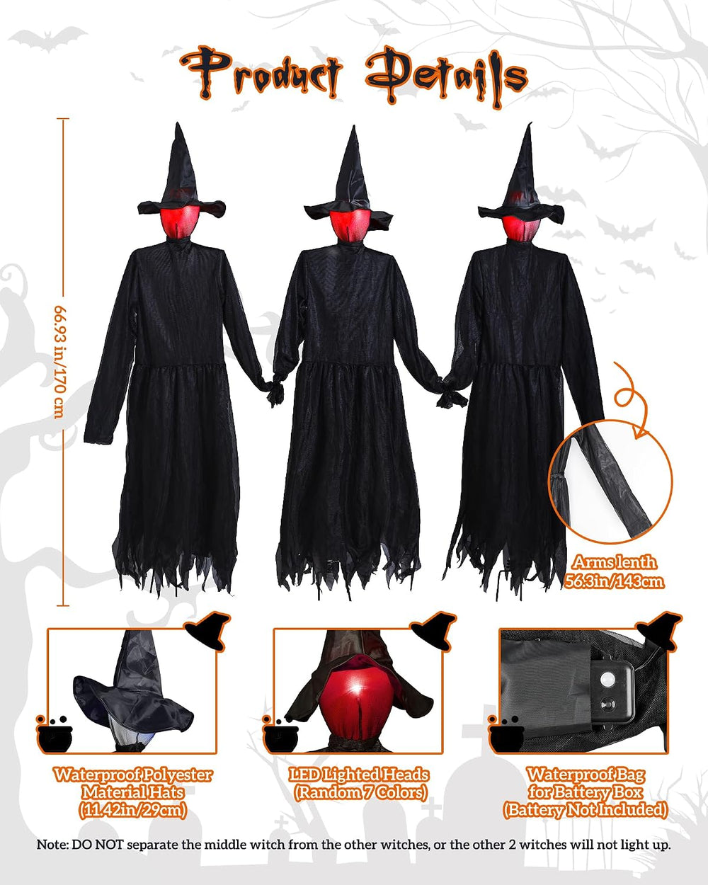 3PCS 5.6FT Halloween Decorations Outdoor Decor Witches Yard Holding Hands