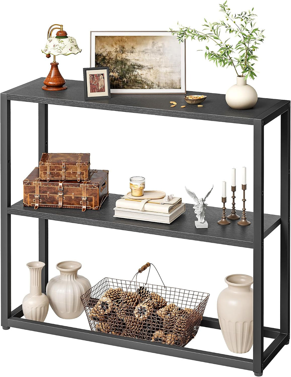 TIQLAB Small Entryway Table, 29.5" Narrow Console Table with Shelves, Black