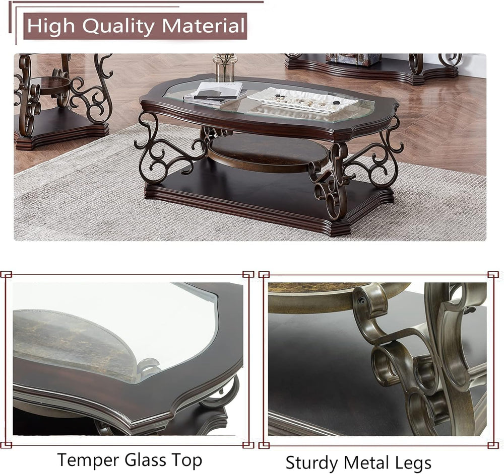 3 Piece Retro Coffee Table Set, Mid Century Modern Living Room Table Set, Tra...
