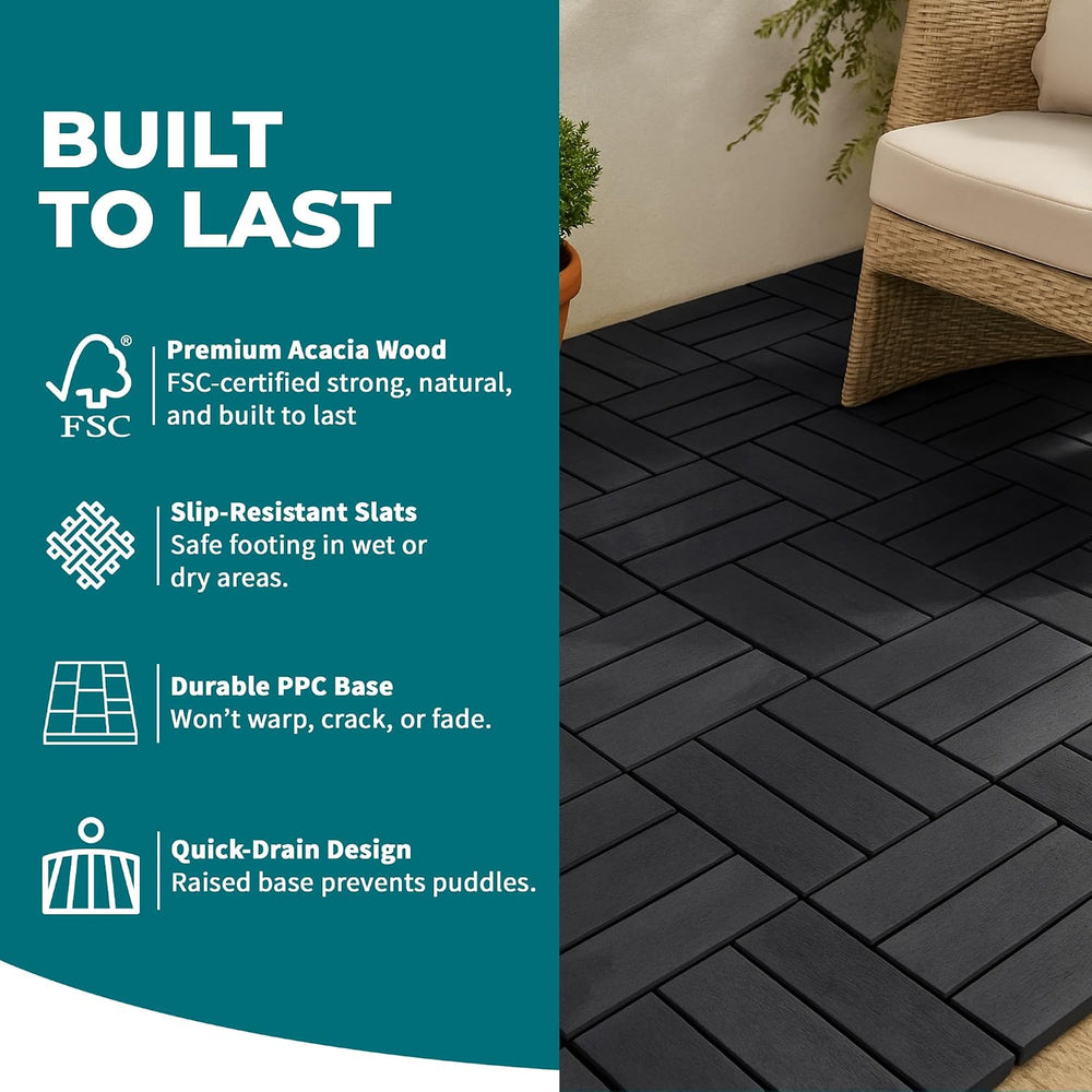 Bliss Outdoors 12-Slat Acacia Hardwood Deck Tiles, Aged Black, Set of 30