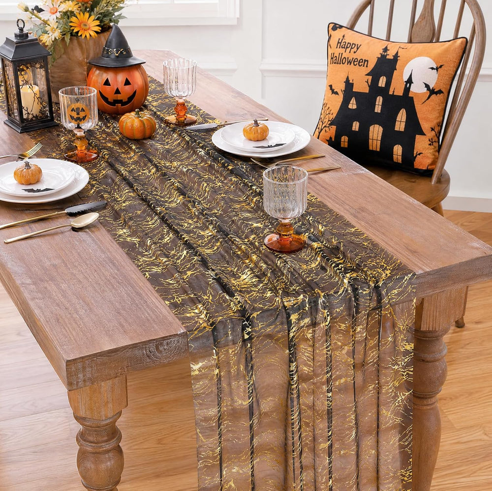 Halloween Black Table Runner Gold Party Decorations 10ft 3pcs Gauze Tulle