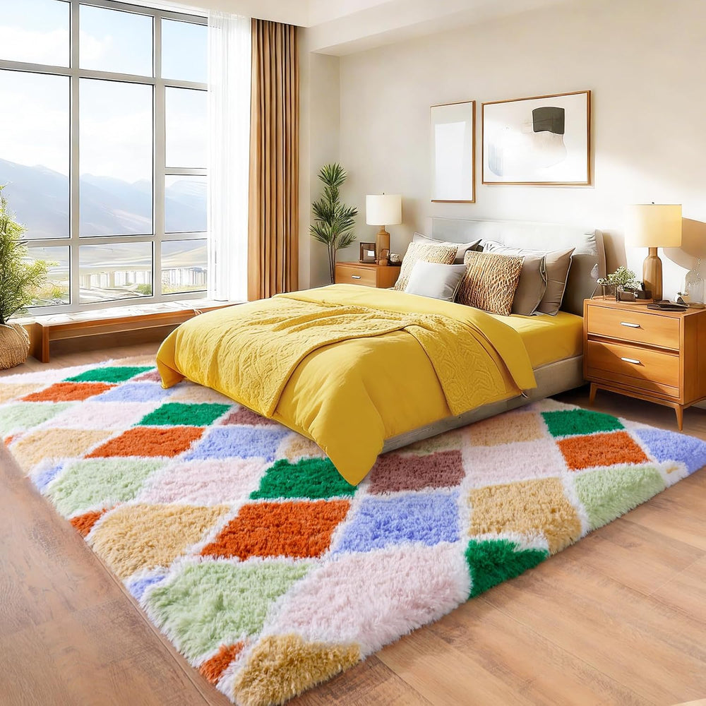 Area Rugs for Living Room Bedroom 8x10, Colorful Fluffy Checkered Rug