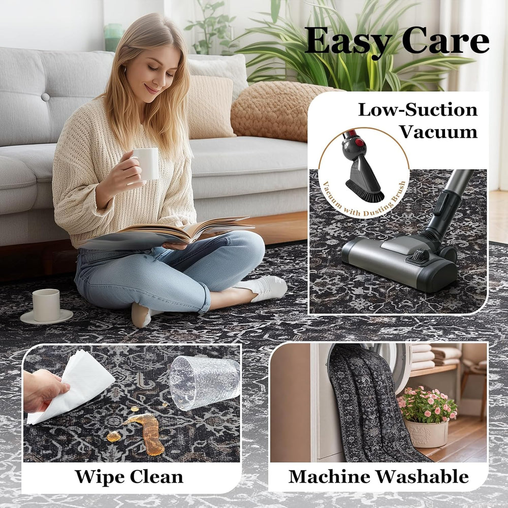 Washable Dark 5x8 Area Rugs, Vintage Farmhouse Earth Tone Carpet for Living R...