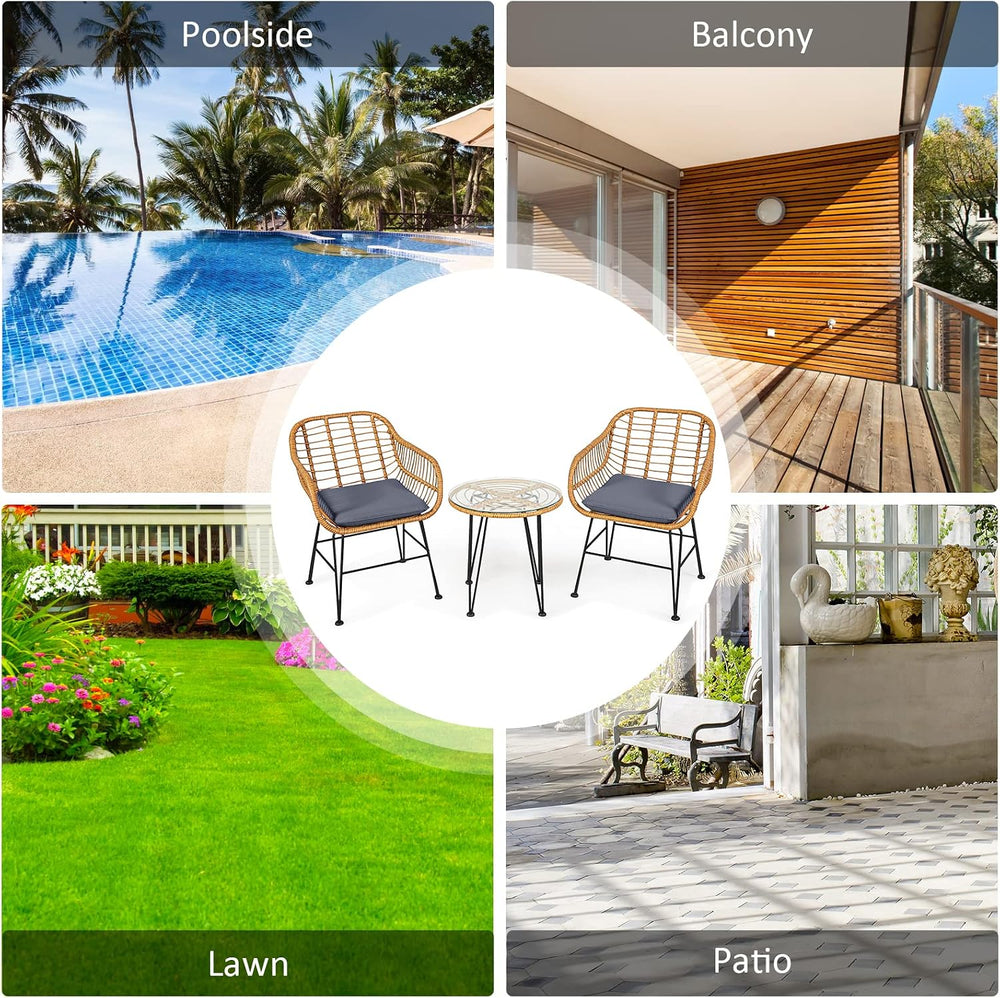 Tangkula 3 Pieces Patio Bistro Set, Rattan Conversation Set with 2 Cushioned ...