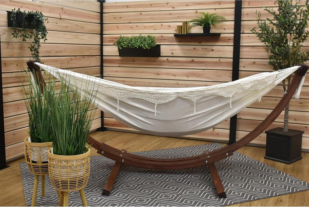 Vivere Double Cotton Hammock with Solid Pine Arc Stand - 450 lb Capacity, Dur...