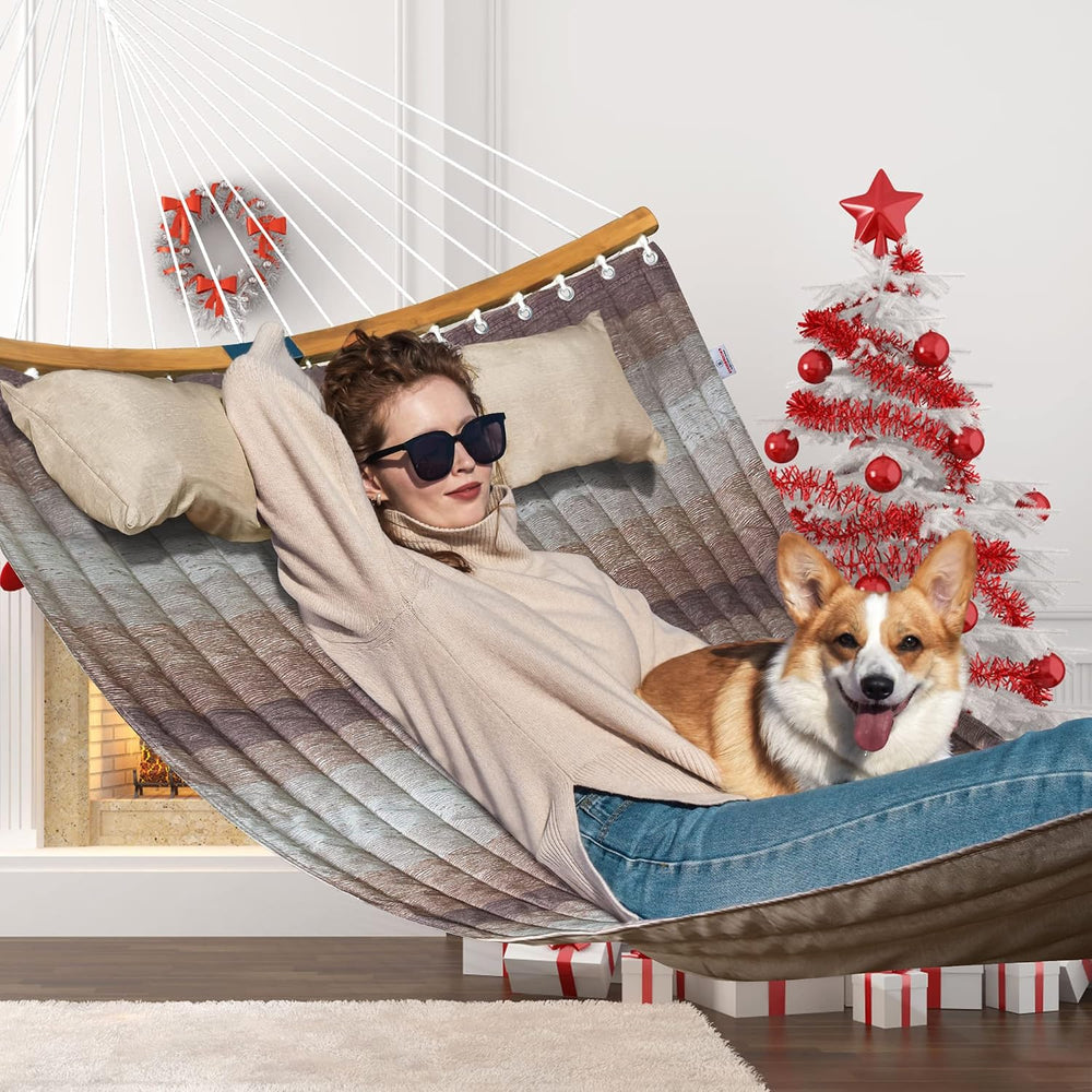 Double Hammock, 11 FT Quilted Fabric 2 Person Hammock for Outside with Pillow...