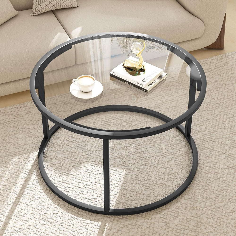 Round Coffee Table,Small Black Coffee Table for Living Room,27" Modern C...