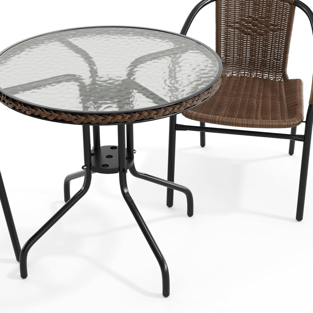 Flash Furniture Lila 28'' Round Glass Metal Table with Dark Brown Rat...