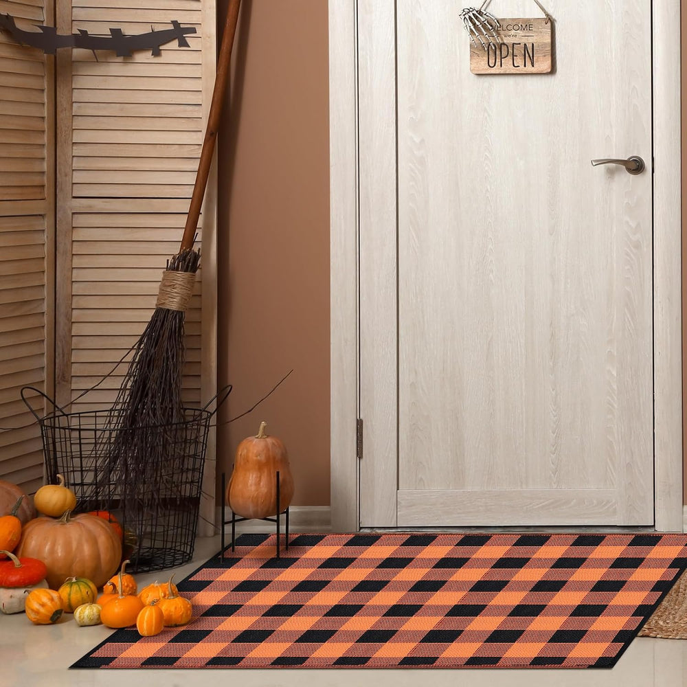 Tinideya 4' x 6' Fall Outdoor Rug, Plaid Buffalo, Orange and Black