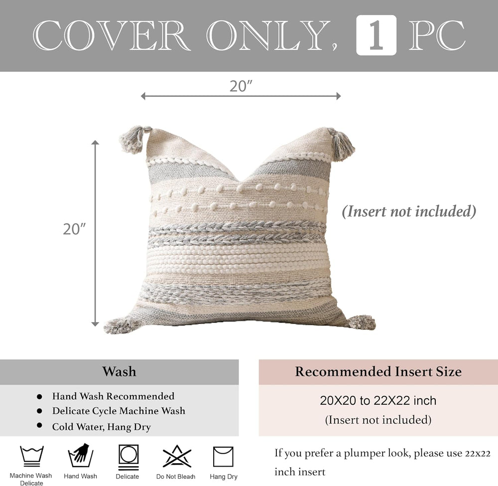 BlissBlush Gray Boho Decorative Throw Pillow Cover 20x20 Square Farmhouse Acc...