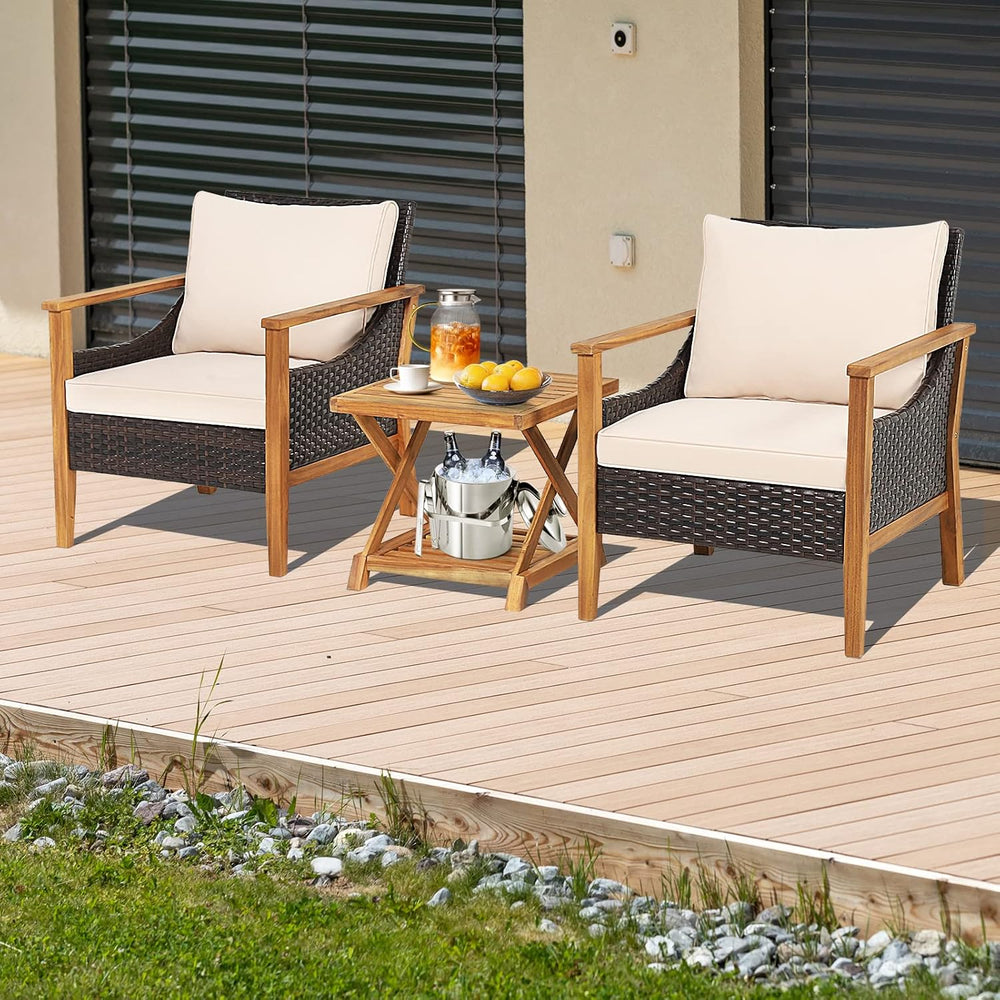 Tangkula 3 Pieces PE Wicker Patio Bistro Set, Outdoor Acacia Wood Conversatio...