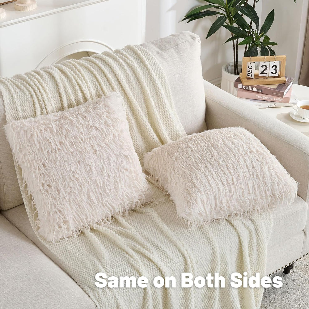 FUTEI Pack of 2 Fluffy Faux Fur Throw Pillow Covers 18x18 Inch, Cream White