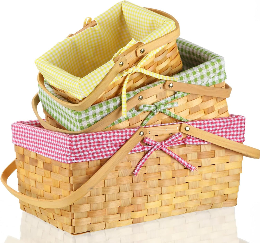 3 Pcs Different Sizes Picnic Basket with Handles Spring Plaid Gingham Checker...