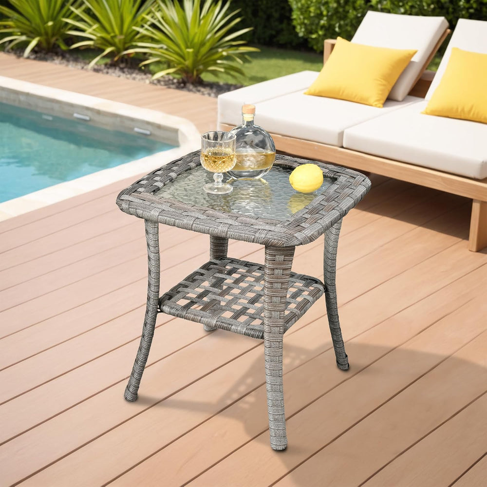 ovios Outdoor Side Table with Tempered Glass Top, Patio Wicker Rattan Bistro ...