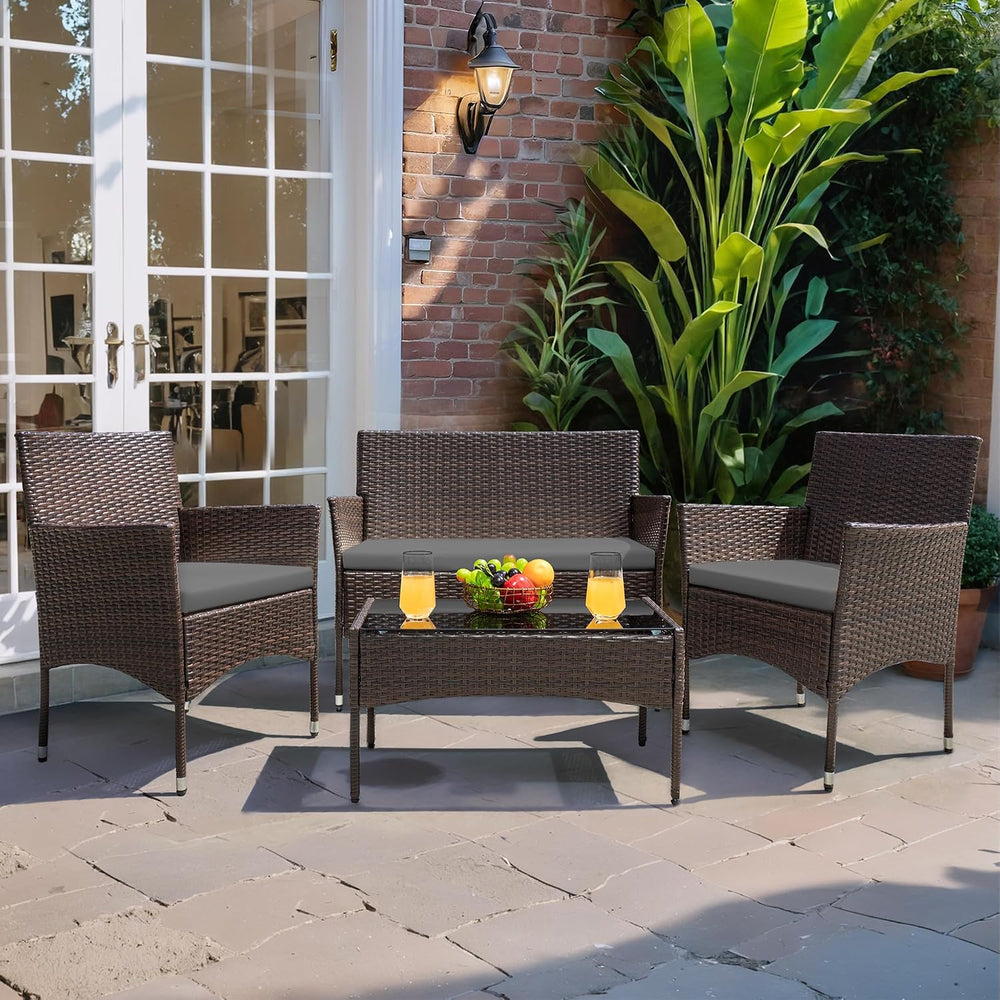 Greesum 4 Pieces Patio Furniture Conversation Sets,Brown and Gray