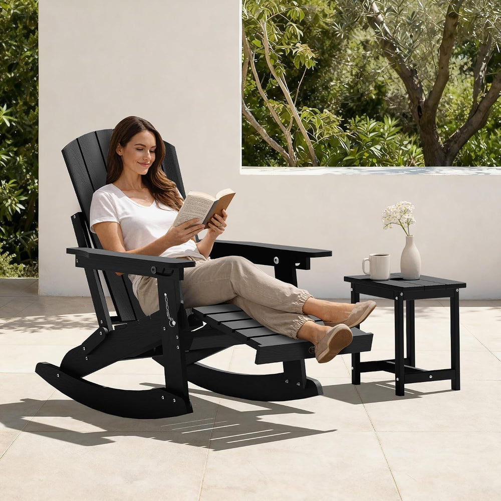 4-in-1 Adirondack Rocking Chair Set of 4, HDPE, Ottoman, Black