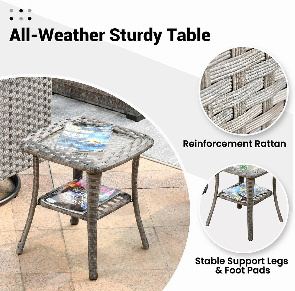 ovios Outdoor Side Table with Tempered Glass Top, Patio Wicker Rattan Bistro ...