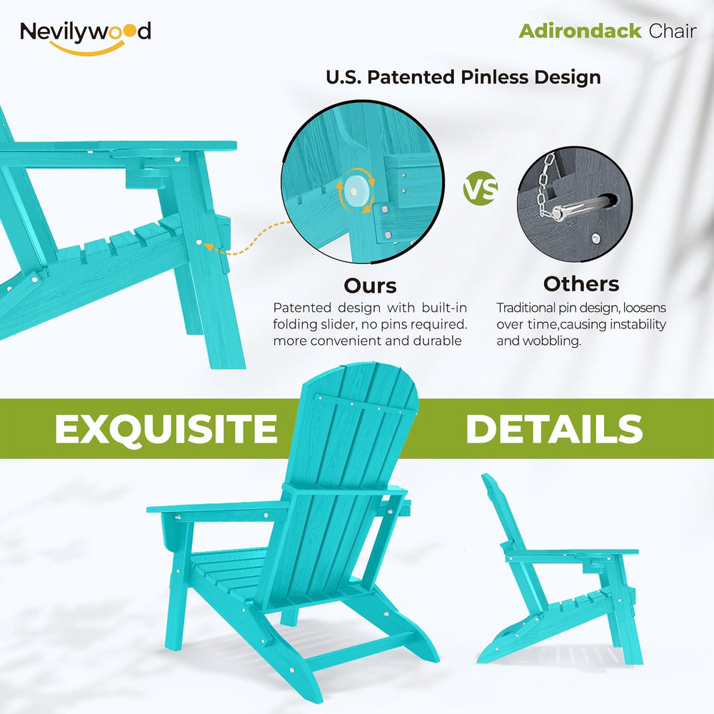 nevilywood Folding Adirondack Chair, HDPE Ergonomic Cup Holder, Aruba