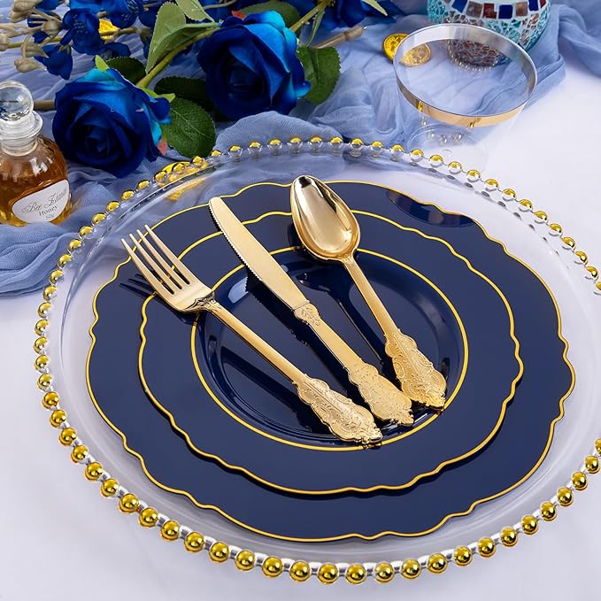 Liacere 350PCS Navy Blue Plastic Plates-Disposable Blue Gold Plates 50guest P...