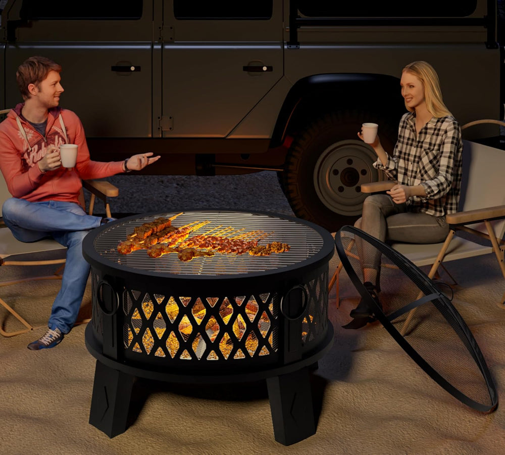 Fire Beauty 26" 2-in-1 Fire Pit with BBQ Grill, Spark Screen & Poker...