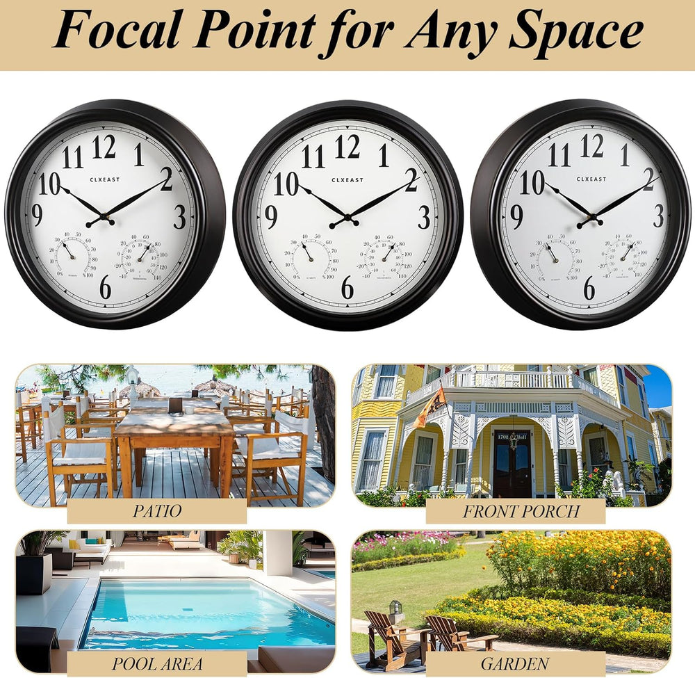 CLXEAST 18 Inch Outdoor Clocks for Patio Waterproof & UV Resistant, Black
