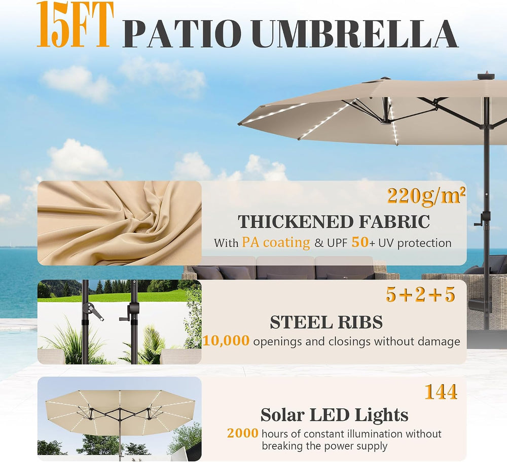 GDPFN 15ft Rectangular Patio Umbrella with Solar LED Lights, Double-Sided Out...