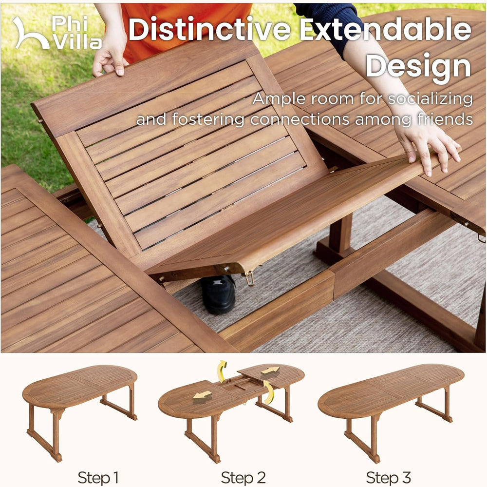 PHI VILLA Outdoor Dining Set for 6, Expandable Acacia Wood Table & Chairs
