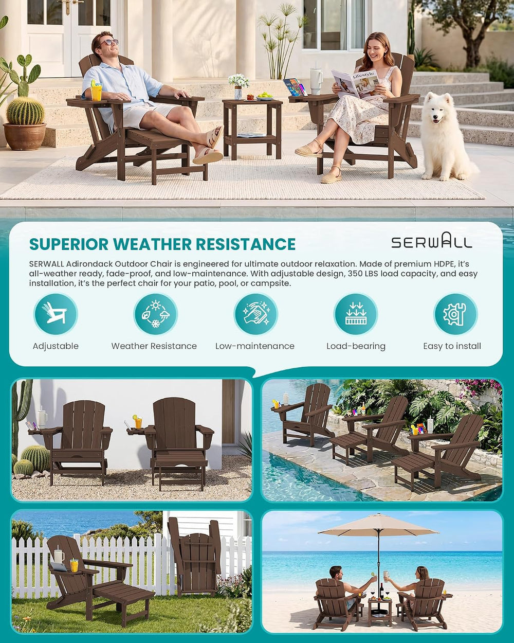 SERWALL Folding Adjustable Adirondack Chair with Footrest, HDPE Outdoor Chair...