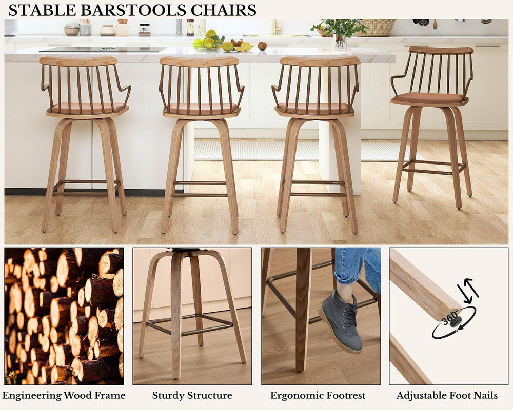HNY Swivel Counter Height Bar Stools Set of 2, Brown Faux Leather Barstools