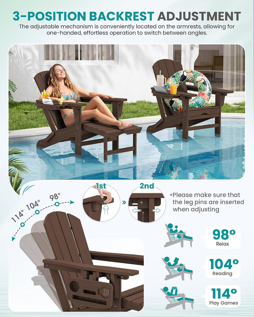 SERWALL Folding Adjustable Adirondack Chair with Footrest, HDPE Outdoor Chair...