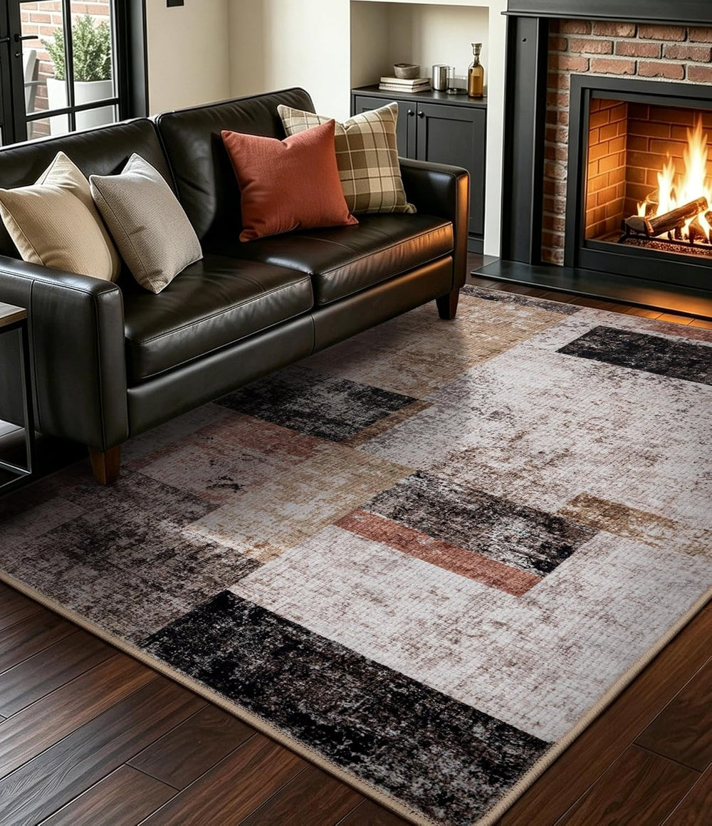 YIHOUSE Modern Washable 5x7 Area Rugs for Living Room, Black Geometric Patchw...