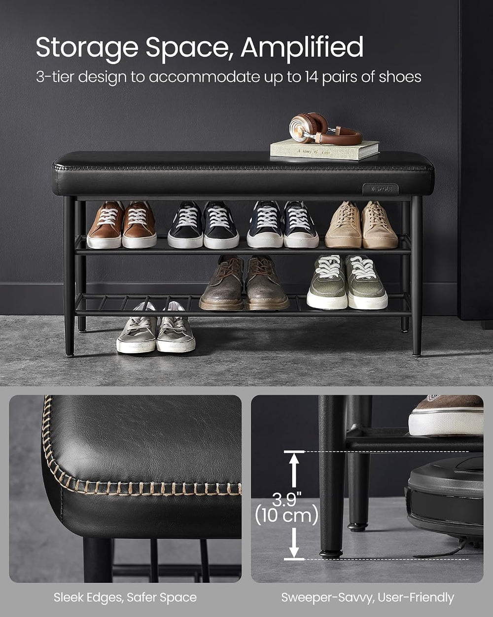 VASAGLE Shoe Bench, Synthetic Leather with Stitching, Loads 300 lb