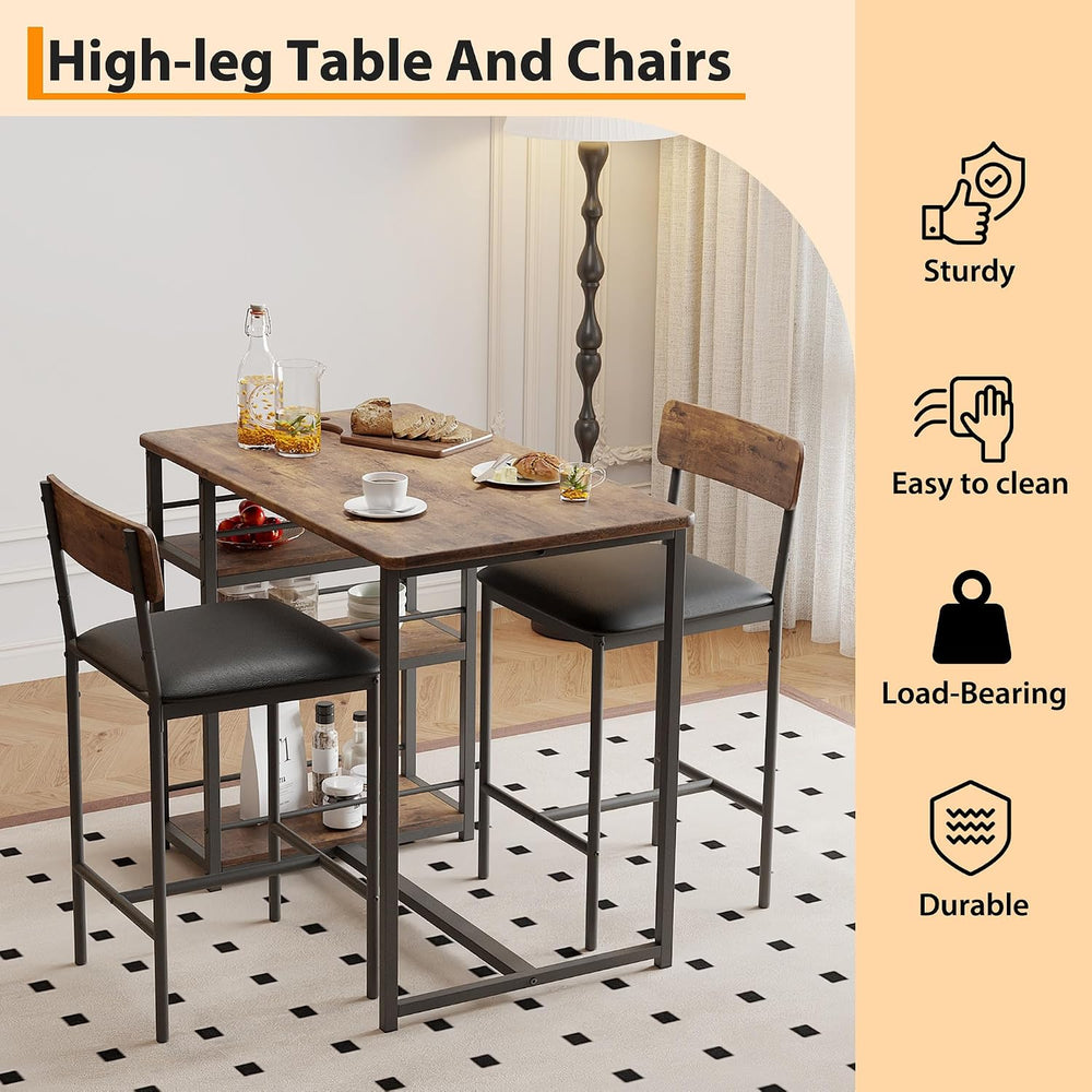 3-Piece Small Bar Table and Chairs Set for 2,Small Dining Table with 2 PU Cus...