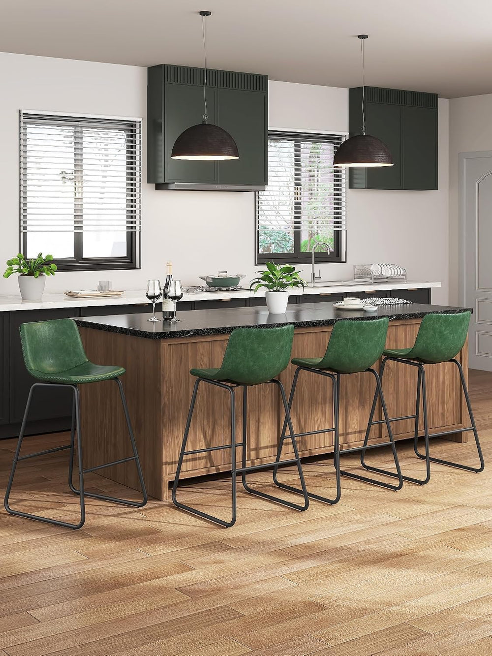 26in Bar Stools Counter Height Chairs Set of 3 (Green)