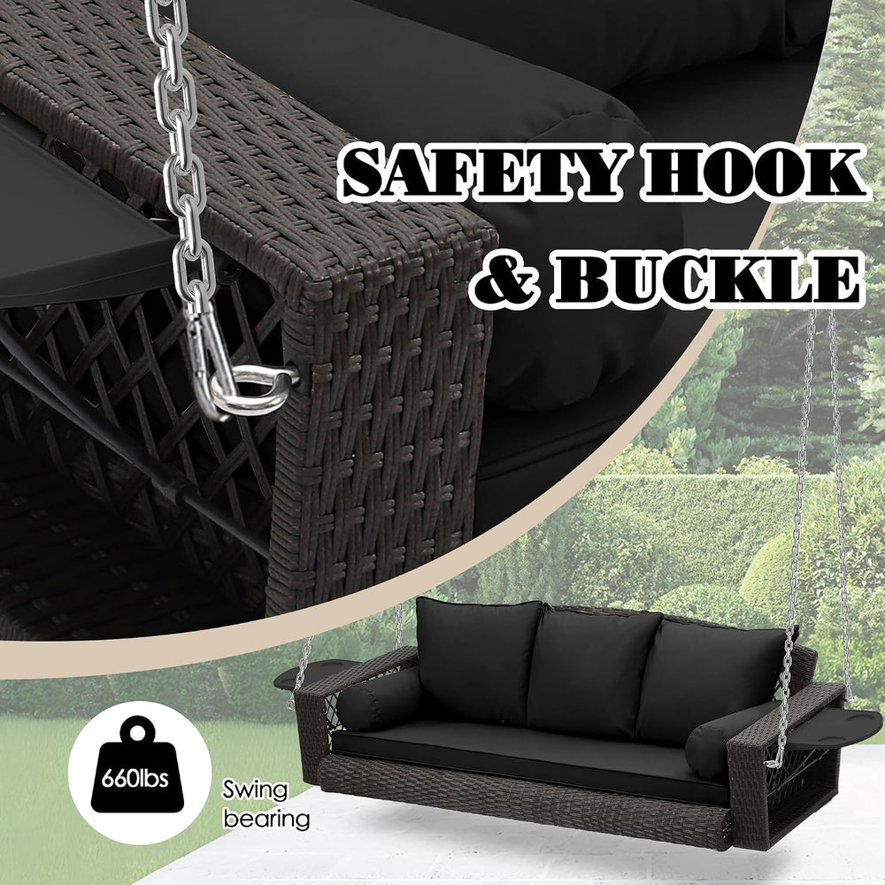 3-Person Hanging Porch Swing, Outdoor Wicker Swing Chair, 76 Inch Bench with ...