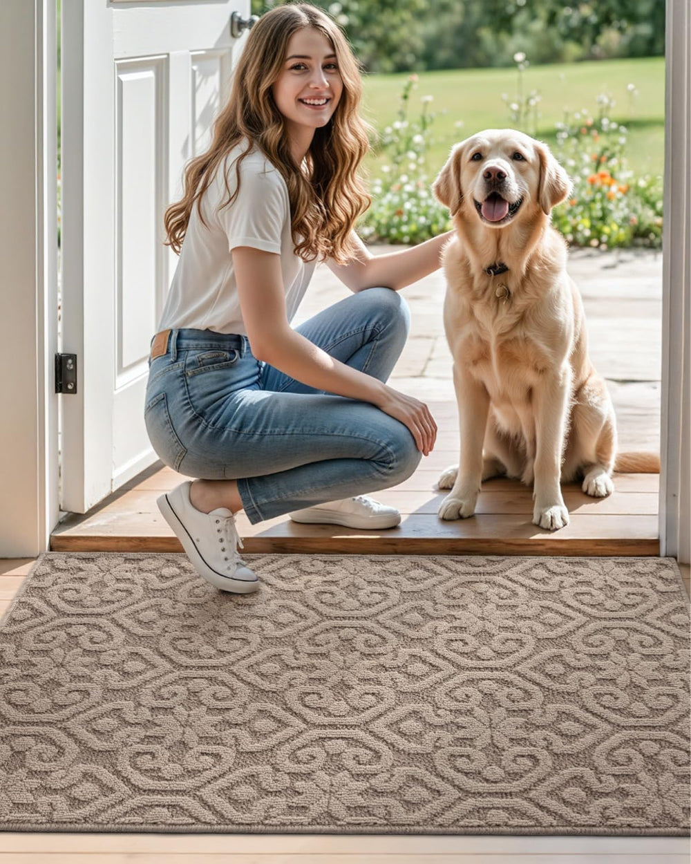 DEXI Front Door Mat Indoor Entrance, 24x36 Entryway Doormat, Beige