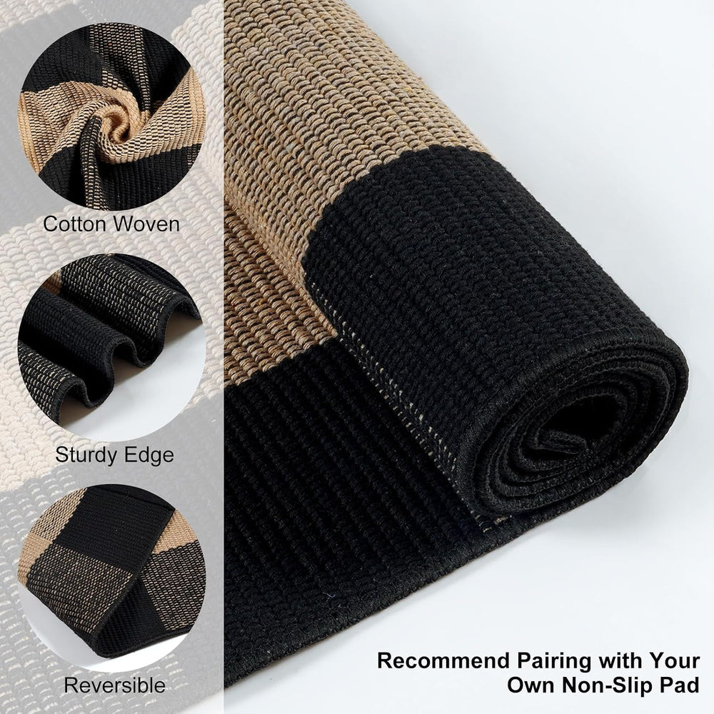 Uphome Bufflo Plaid Outdoor Rug 3'x5', Black Natural Checkered Front ...