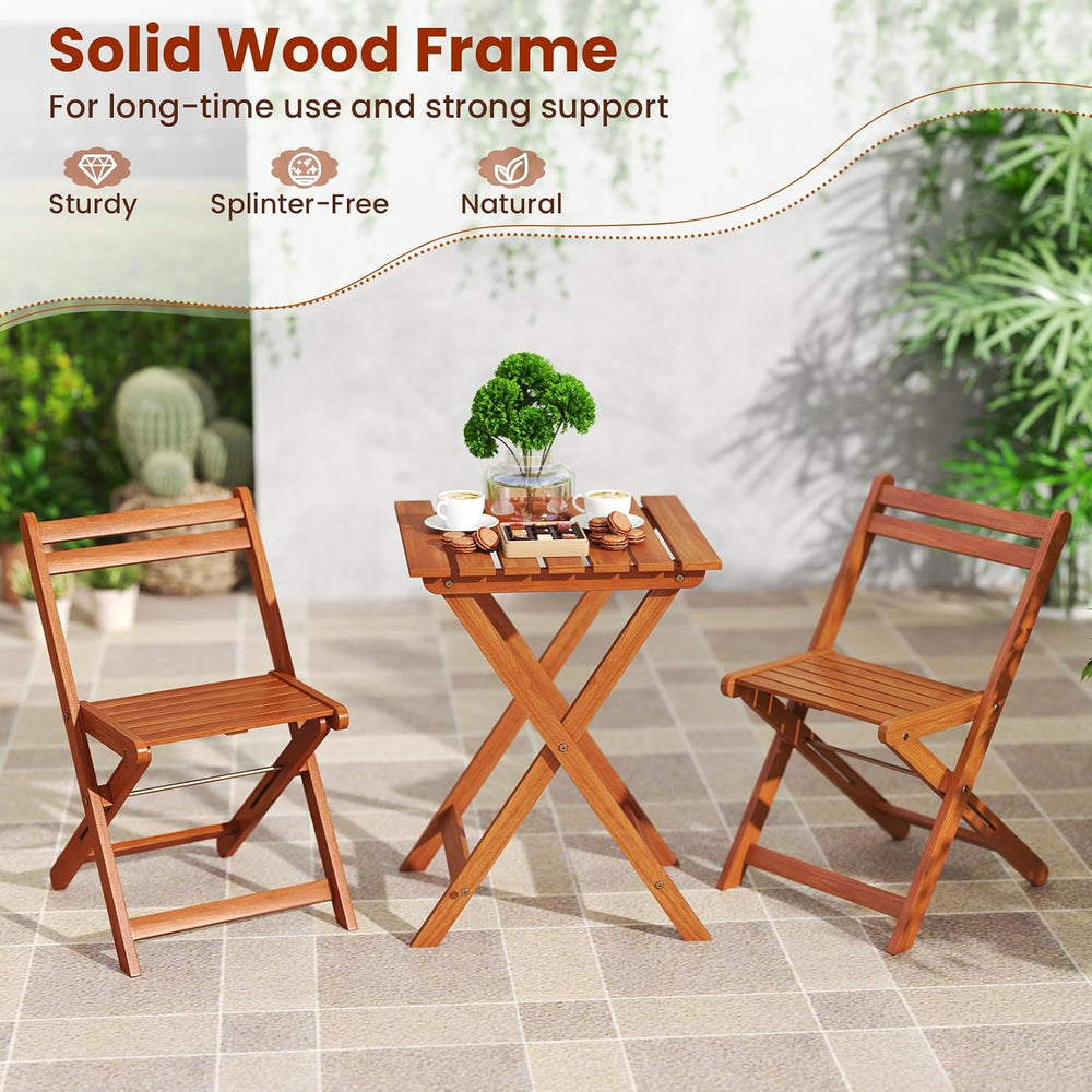 Tangkula 3 Pieces Solid Wood Patio Bistro Set with 2 Folding Chairs, Outdoor ...