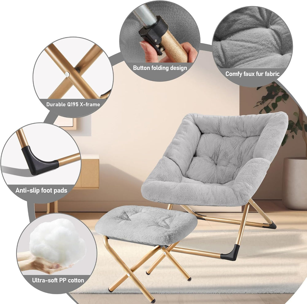 Youtanic Comfy Oversized Saucer Chair with Ottoman,Soft Faux Fur Reading Loun...