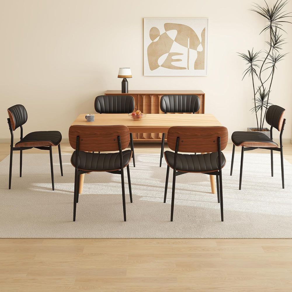 PU Leather Dining Chairs Set of 2 with Walnut Bentwood, Black