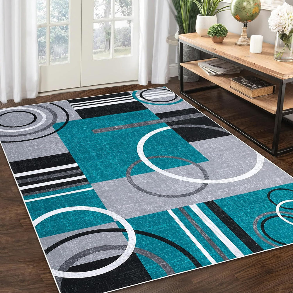 RUGSREAL 9x12 Washable Rugs Abstract Circles Rug Low Pile Throw Carpet