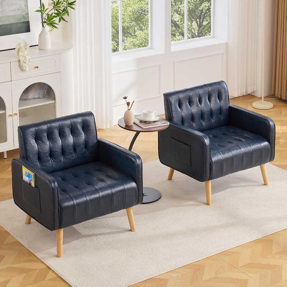 Leather Accent Chair Set of 2, Living Room Chair with Wooden Legs (Blue)