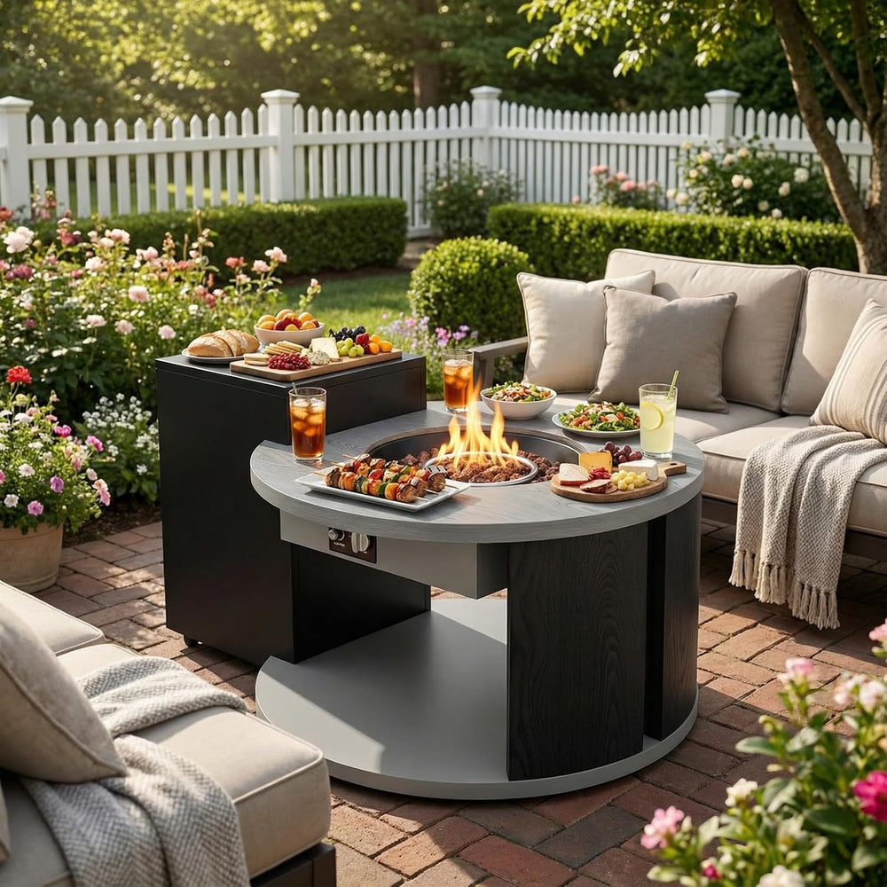 Round Outdoor Fire Table with Propane Tank Cabinet, 50000BTU Aluminum Alloy F...