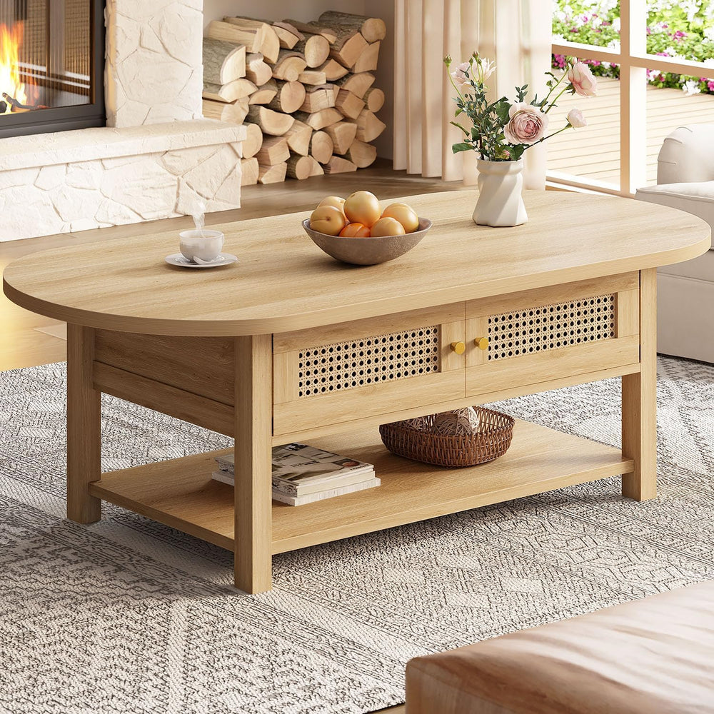 LVB Oval Coffee Table, 47" Rattan Boho Wood Living Room Table with Storage