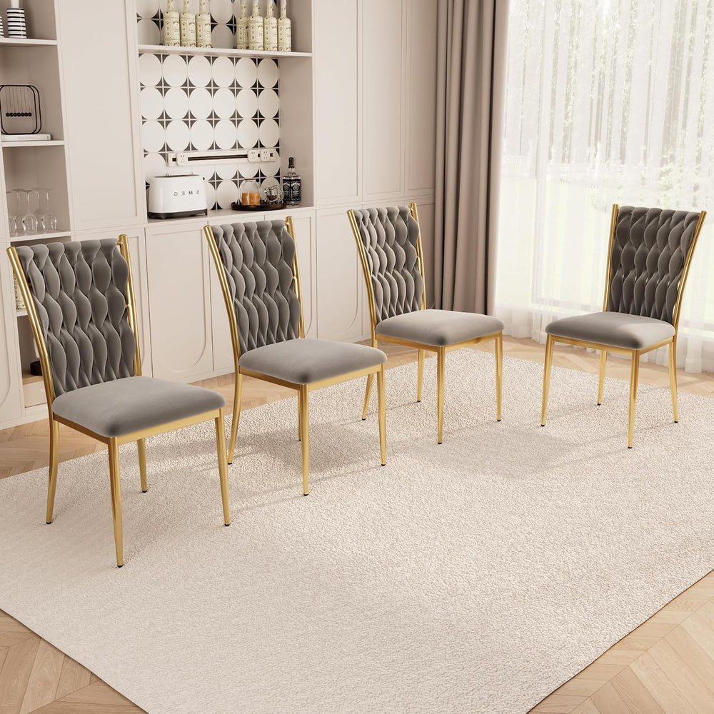 Modern Grey Velvet Dining Chairs Set of 4 with Woven High Back