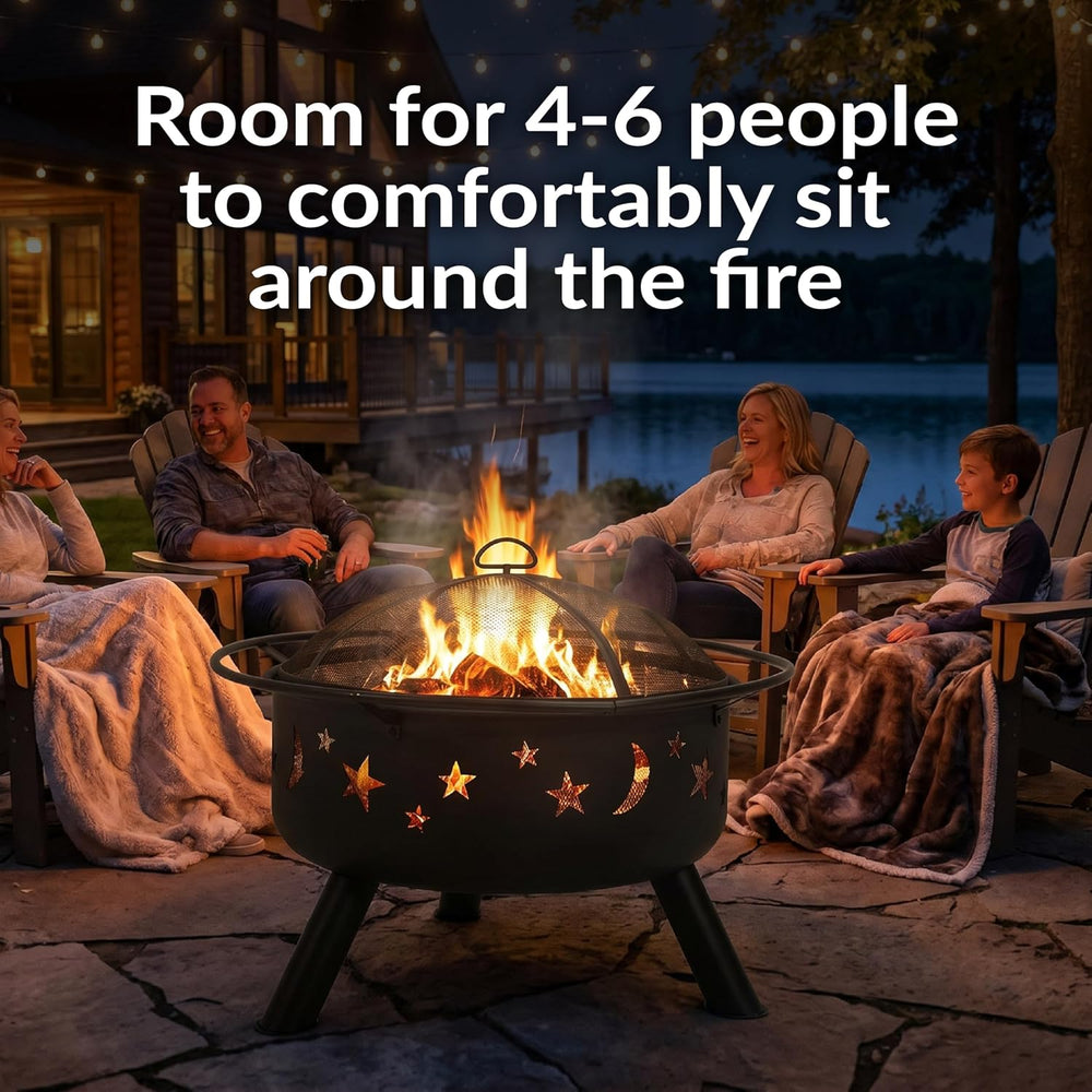 Sunnydaze Cosmic 30" Outdoor Wood Fire Pit with Grill Grate, Steel, Black