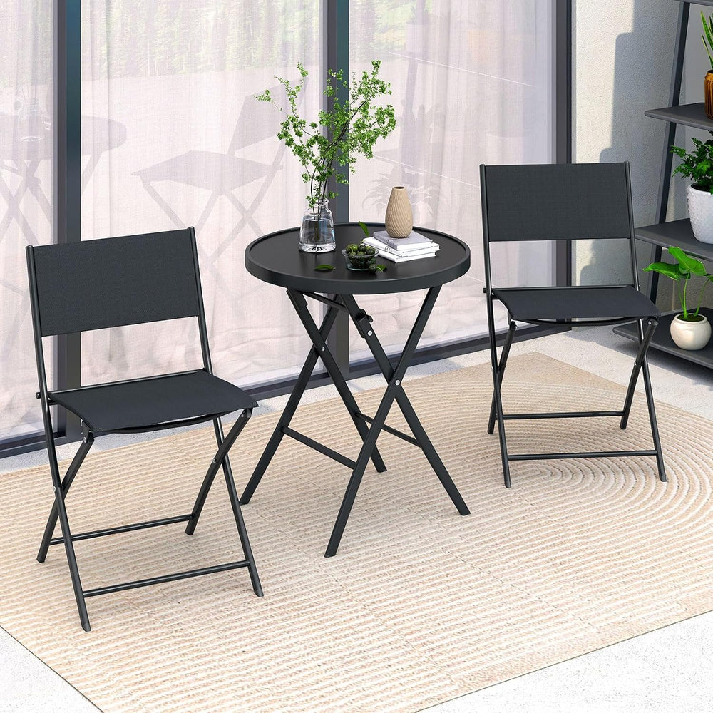 Tangkula 3 Piece Folding Bistro Set, Metal Frame Round Table & Chairs